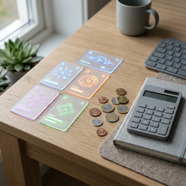 Desk with financial cards, calculator, coins, keyboard, mug, and plant