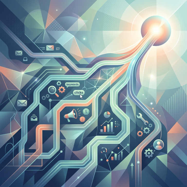 Abstract digital marketing network with keywords, clicks, analytics, email, and growth icons