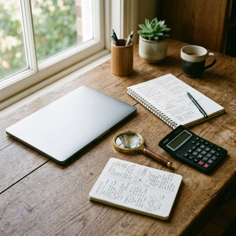 Wooden desk with laptop, notebooks, calculator, magnifying glass, coffee, and plant