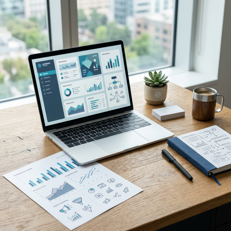 Laptop displaying analytics dashboards on a wooden desk with charts and coffee