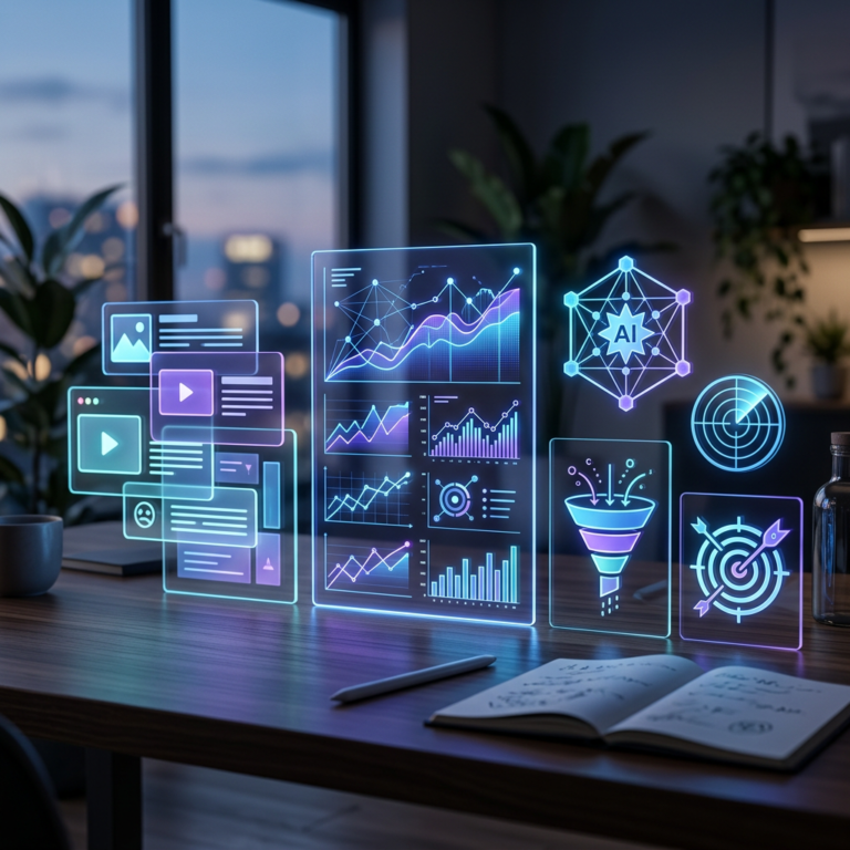 Futuristic AI analytics dashboards and marketing icons above a desk