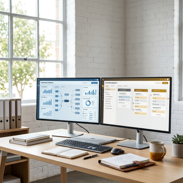 Dual monitors showing social media analytics and an automation workflow