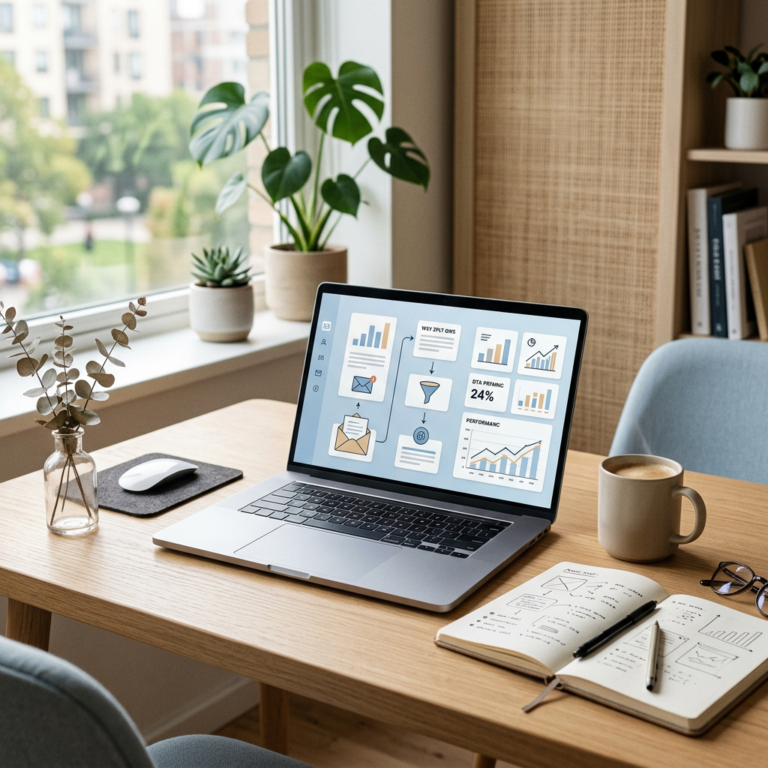 Modern workspace with abstract email workflow