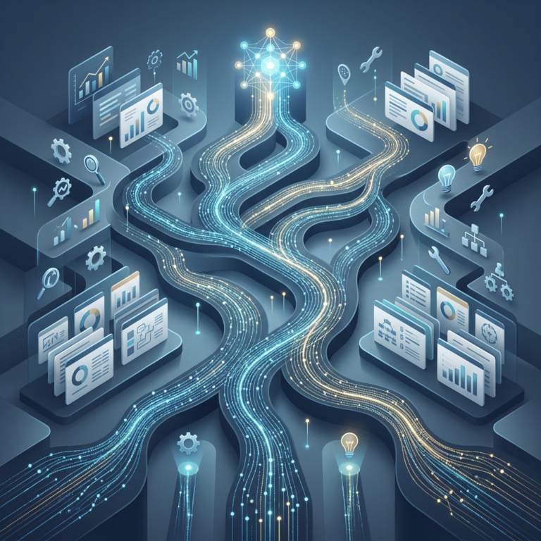 Glowing data pathways connect business dashboards, gears, tools, charts, and lightbulbs